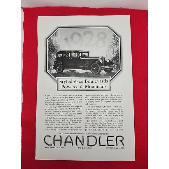 Vtg 1927 Chandler Motors: Styled Boulevards Powered Mountains Print Ad Ephemera - Picture 1 of 4